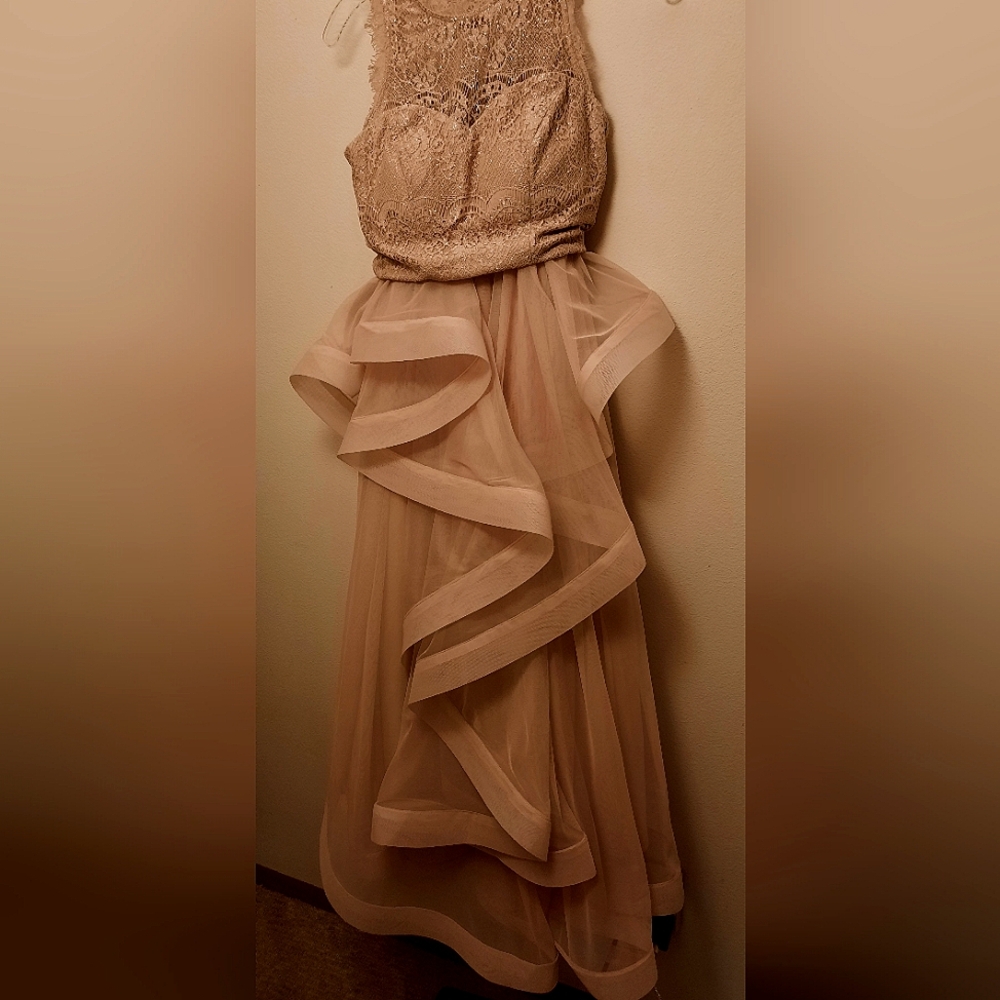 Pink champagne two-piece high-waisted lace ruffle prom dress size 5